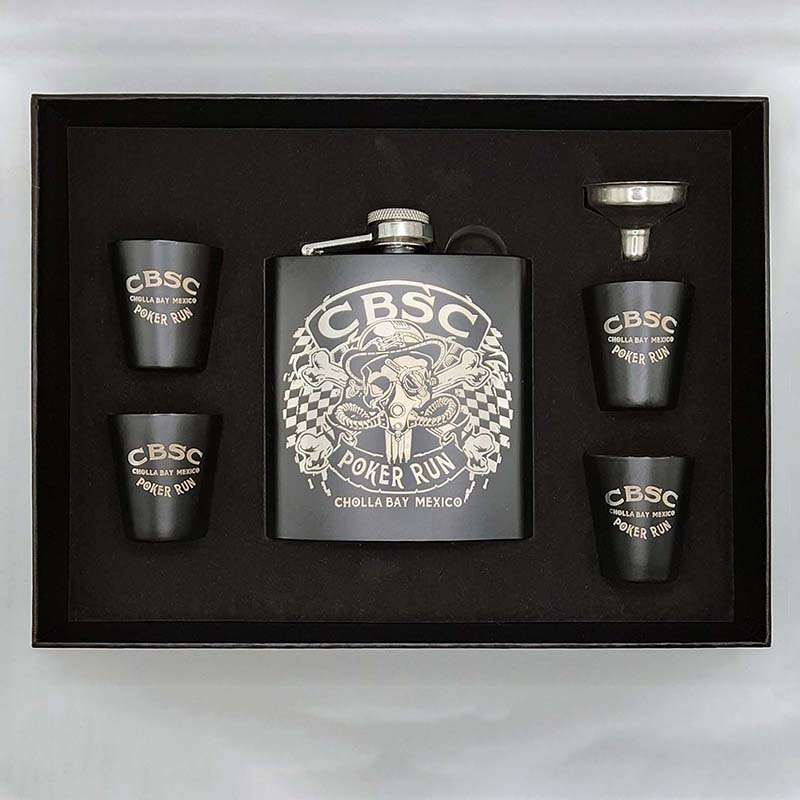 Shot glasses and metal flask laser engraved